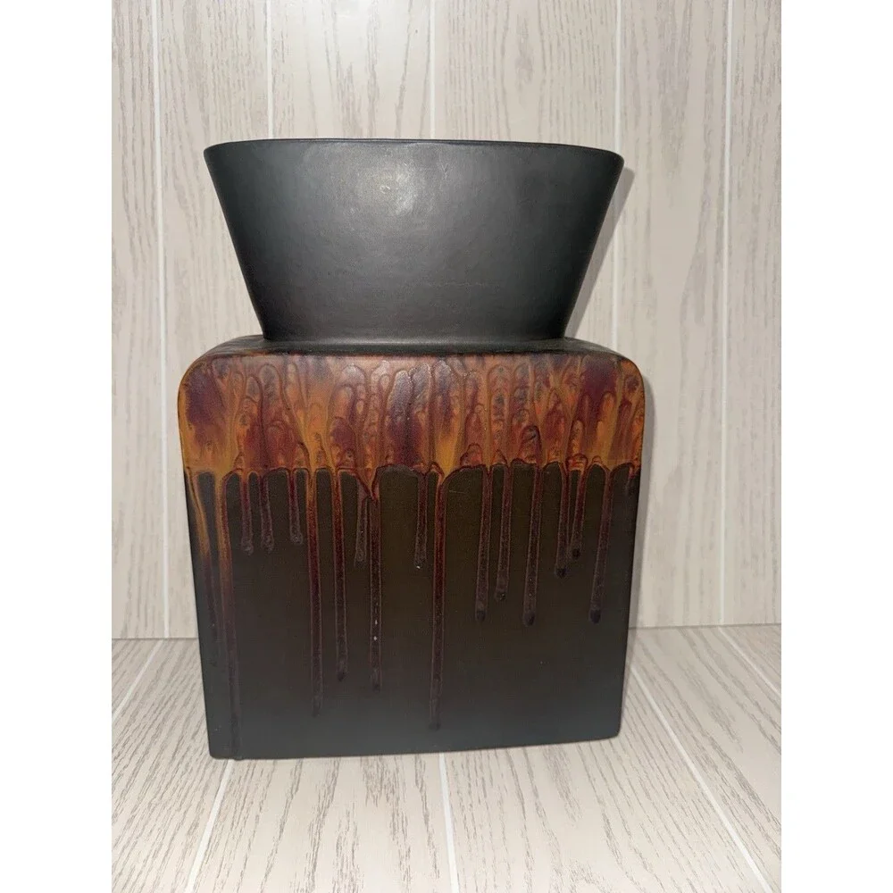 Pier 1 Ceramic Flower Vase Black Brown Orange Drip Matte Rectangular China